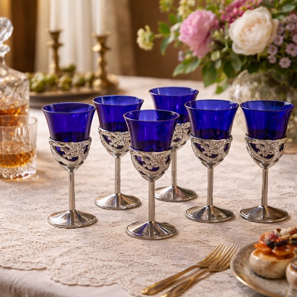 Vintage Nikko Japan Cobalt Blue Cordial / Saki Glasses Set of 6 Dragon Base - Picture 3 of 5